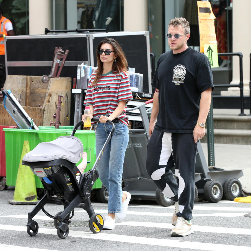 Emily Ratajkowski, Sebastian Bear-McClard and Sylvester Apollo Bear walk through New York City. - Credit: Christopher Peterson / SplashNews.com