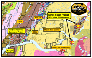 Map showing location of Wings Shear Project in relation to other gold properties in the area. Source: Geoscience Atlas of Newfoundland and Labrador (https://gis.geosurv.gov.nl.ca).