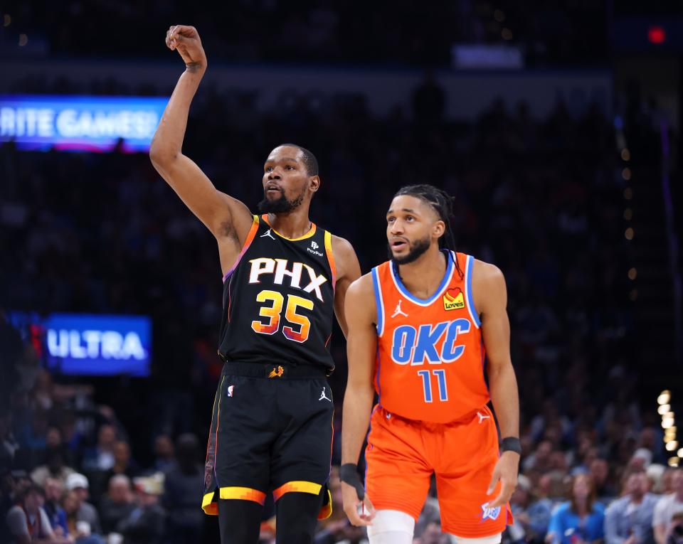 Phoenix's Kevin Durant, left, keeps his hand raised after a 3-point basket next to Oklahoma City's Isaiah Joe during Friday's game at Paycom Center.