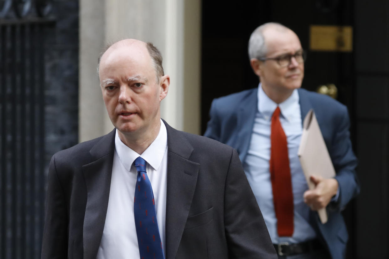 Britain's Chief Medical Officer for England Chris Whitty (L) and Britain's Chief Scientific Adviser Patrick Vallance leave 10 Downing street in London on September 30, 2020. (Photo by Tolga AKMEN / AFP) (Photo by TOLGA AKMEN/AFP via Getty Images)