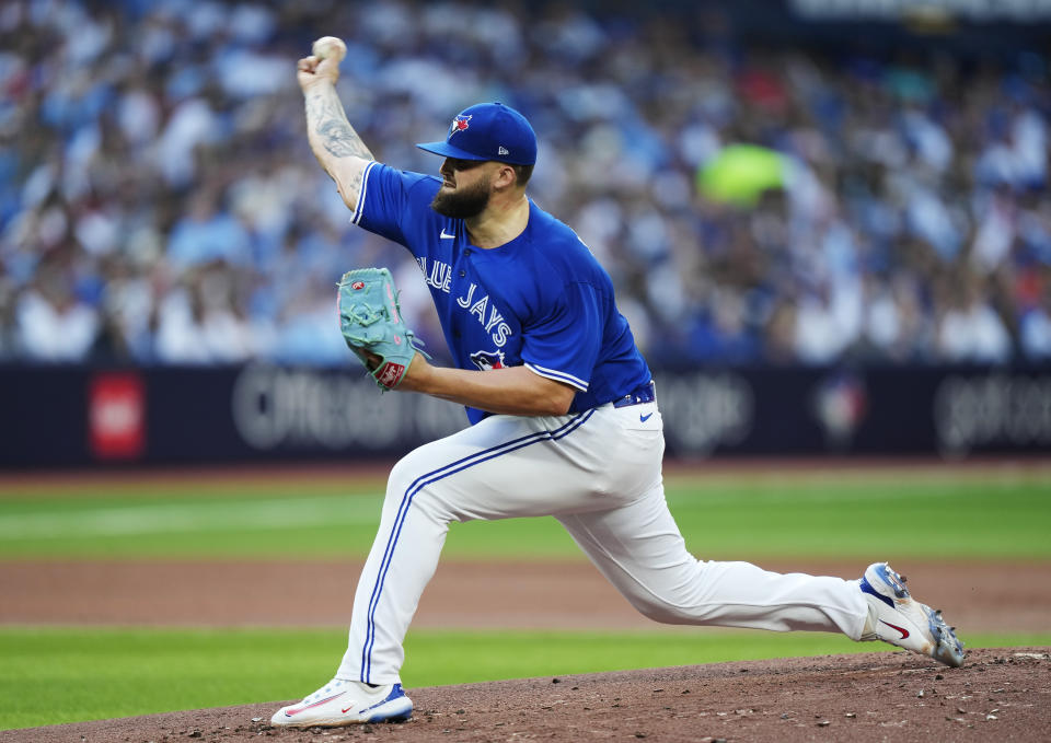 Toronto Blue Jays starting pitcher Alek Manoah works against the Milwaukee Brewers during the first inning of a baseball game Wednesday, May 31, 2023, in Toronto. (Frank Gunn/The Canadian Press via AP)