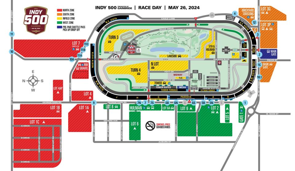 Parking map for the Indianapolis 500 at Indianapolis Motor Speedway