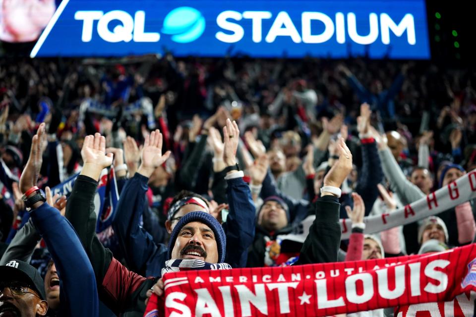 United States soccer cheer during pregame festivities ahead of a 2022 World Cup CONCACAF qualifying match between the United States and Mexico, Friday, Nov. 12, 2021, at TQL Stadium in Cincinnati. United States won against Mexico, 2-0.