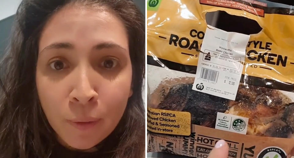 The customer Karen can be seen (left) and the Woolworths chicken in question is pictured (right).