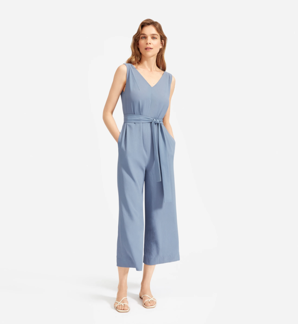 Japanese GoWeave Essential Jumpsuit in Dusty Blue. Image via Everlane.