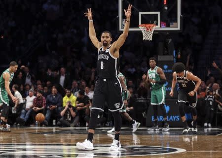 FILE PHOTO: Jan 14, 2019; Brooklyn, NY, USA; Brooklyn Nets guard Spencer Dinwiddie (8) celebrates during the Nets 109-102 victory against the Boston Celtics at Barclays Center. Mandatory Credit: Wendell Cruz-USA TODAY Sports