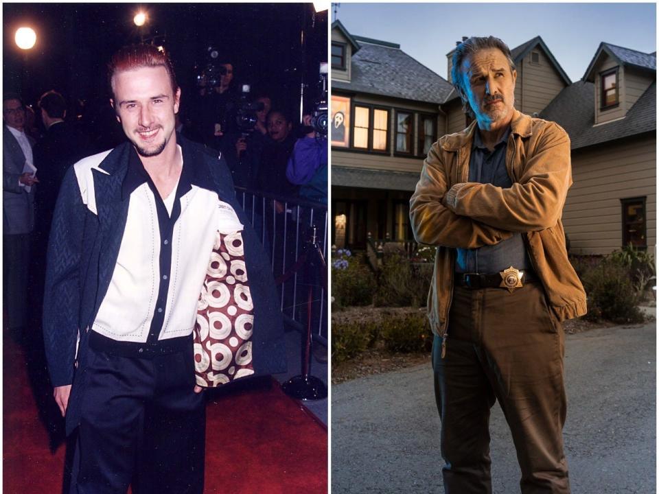 David Arquette at the first "Scream" premiere (left) and as the host of the upcoming Airbnb stay (right).