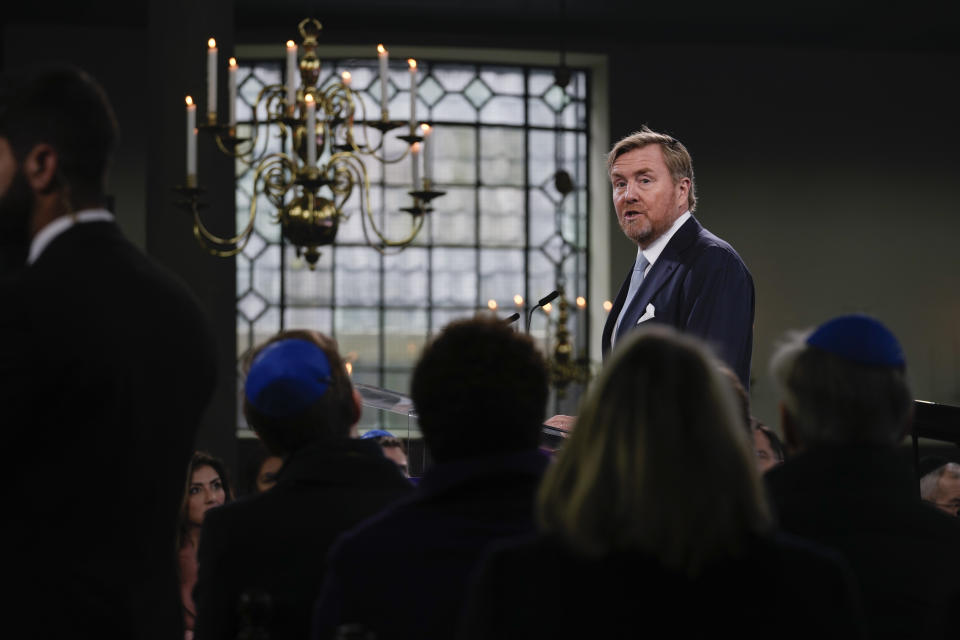 Dutch King Willem Alexander speaks at the Portuguese Synagogue during a ceremony marking the opening of the new National Holocaust Museum in Amsterdam, Netherlands, Sunday, March 10, 2024. (AP Photo/Peter Dejong, Pool)