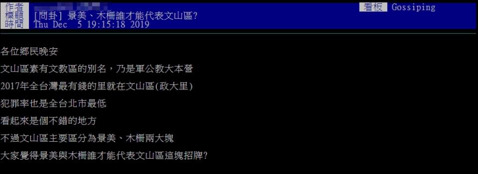 近日有網友將位於文山區中的木柵與景美作為比較，並於PTT發文（圖／PTT）