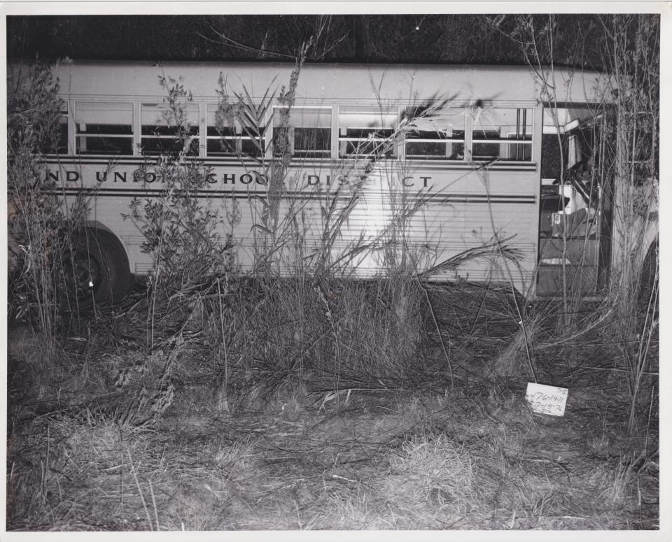 The kidnappers drove the hijacked school bus into a dry riverbed and hid it in tree brush. / Credit: Alameda County D.A's Office