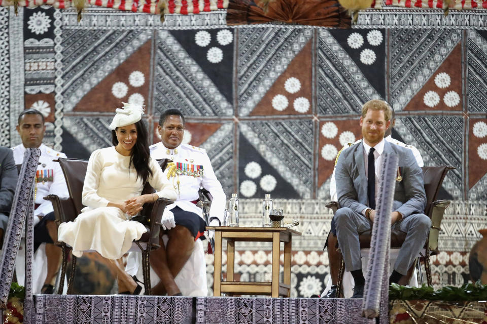 The Duke and Duchess of Sussex attend a welcome ceremony at Albert Park in Suva (PA)