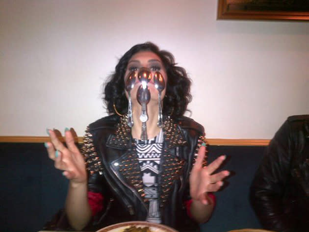 Celebrity photos: Jessie J showed off her unusual talent this week, balancing a load of spoons on her face. She tweeted the photo of the achievement, along with the caption: “Fun and games at the restaurant. Showing my skills again lol.” [sic]