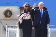 <p>Melania touched down in the UK in the Summer of 2017 looking like an Anglophile from head to toe with an appropriately colored blouse and scarf by Burberry. The famously British brand was a smart choice for setting the tone across the pond.</p>