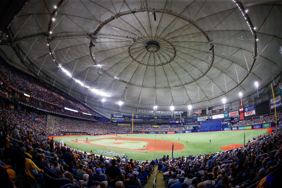 A view of the field and the ballpark roof at Tropicana Field during the Game 2 of the 2021 ALDS against the Boston Red Sox.