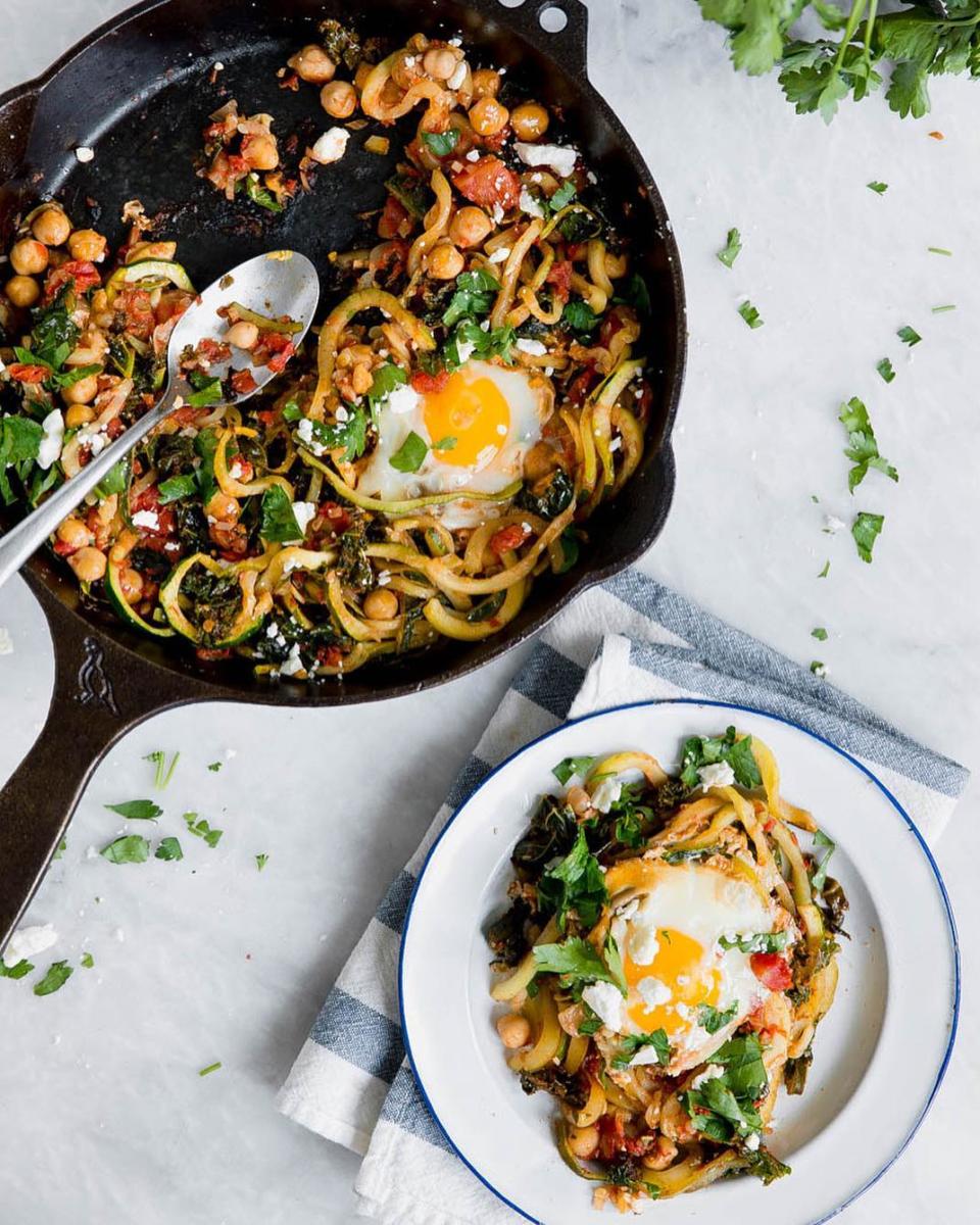 Harissa And Kale Zucchini Noodle Skillet