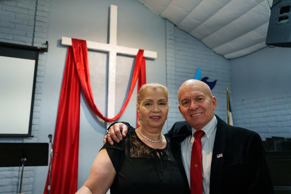 Pastors Cecelia and Hector Ramirez pose for a portrait in a Christian chapel in Mesa on May 7, 2023.