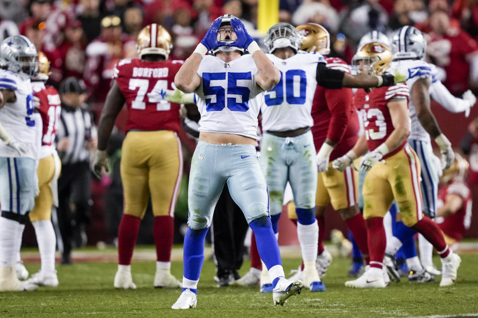 Dallas Cowboys linebacker Leighton Vander Esch (55) celebrates during the second half of an NFL divisional round playoff football game against the San Francisco 49ers in Santa Clara, Calif., Sunday, Jan. 22, 2023. (AP Photo/Tony Avelar)