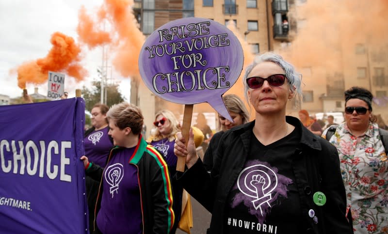 FILE PHOTO: Pro-choice demonstrators take part in a march in Belfast