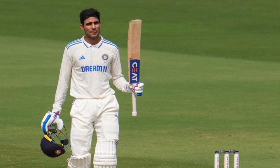 <span>India's Shubman Gill celebrates his century on the third day of the second Test against England.</span><span>Photograph: Manish Swarup/AP</span>