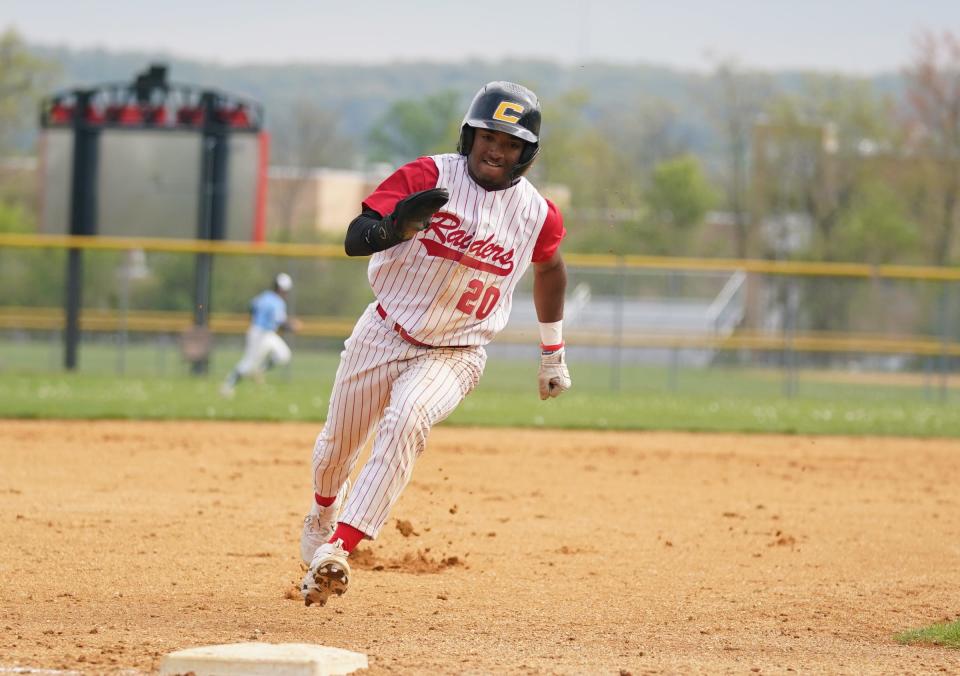 North Rockland base runner Jacob Herrera (20) rounds third during their 9-1 win over Suffern in baseball action at North Rockland High School on Thursday, April 27, 2023. 