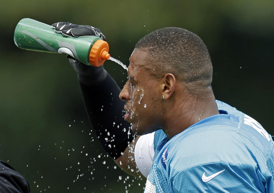 Greg Hardy, shown at a 2014 practice, has signed on with an indoor football team. (AP)