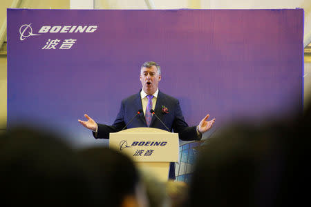 FILE PHOTO: Boeing Commercial Airplanes CEO Kevin McAllister speaks during a ceremony marking the 1st delivery of a Boeing 737 Max passenger airplane to Air China at the Boeing Zhoushan completion center in Zhoushan, Zhejiang province, China, December 15, 2018. REUTERS/Thomas Peter