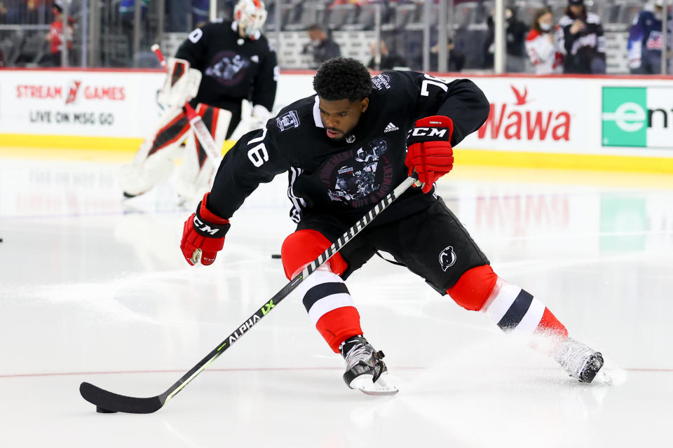 NEWARK, NJ - FEBRUARY 28:  New Jersey Devils defenseman P.K. Subban (76) enters the ice for warm up  in a jersey of his design honoring the the players who came befor him during Black History Month prior to the National Hockey League game between the New Jersey Devils and the Vancouver Canucks on February 28, 2022 at the Prudential Center in Newark, NJ.   (Photo by Rich Graessle/Icon Sportswire via Getty Images)