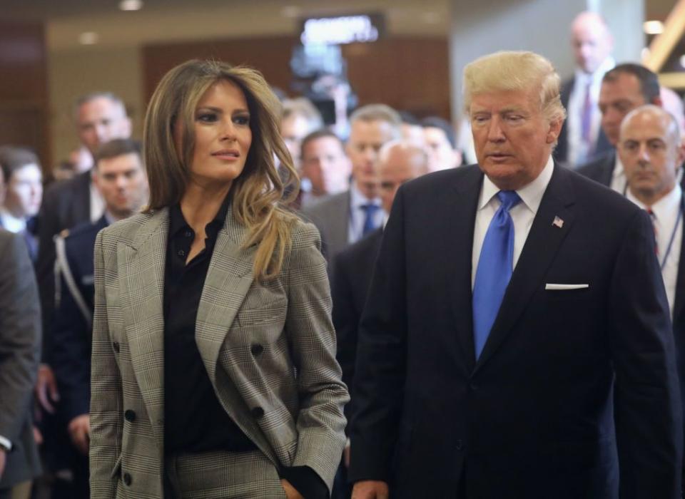 <p>Melania wore this slouchy, muted tone suit as President Trump addressed the United Nations on September 20, 2017</p>