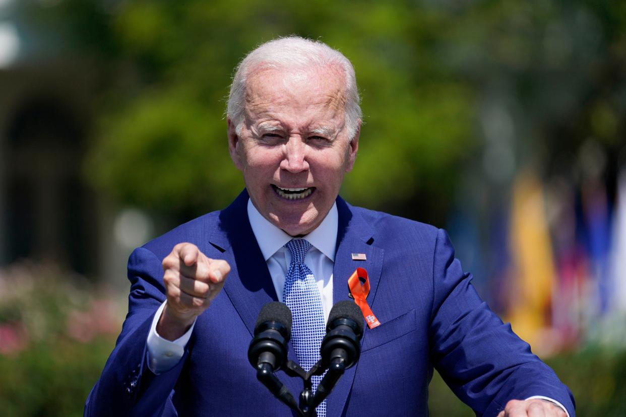 President Joe Biden speaks during an event to celebrate the passage of the "Bipartisan Safer Communities Act," a law meant to reduce gun violence, on the South Lawn of the White House, Monday, July 11, 2022, in Washington. 