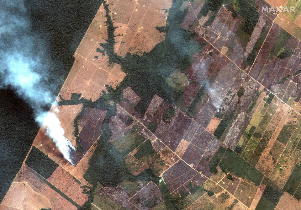 In this Aug 15, 2019 satellite image provided by Satellite image ©2019 Maxar Technologies, shows fires burning in the State of Rondonia, Brazil, in the upper Amazon River basin. Brazil's National Institute for Space Research, a federal agency monitoring deforestation and wildfires, said the country has seen a record number of wildfires this year, an 84 percent increase compared to the same period last year. The states that have been most affected by fires this year are Mato Grosso, Para and Amazonas, all in the Amazon region. (Satellite image ©2019 Maxar Technologies via AP)