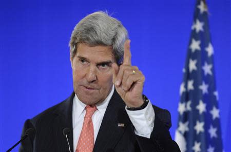 U.S. Secretary of State John Kerry speaks during a joint news conference with the French foreign minister at the Ministry of Foreign Affairs in Paris September 7, 2013. REUTERS/Susan Walsh/Pool