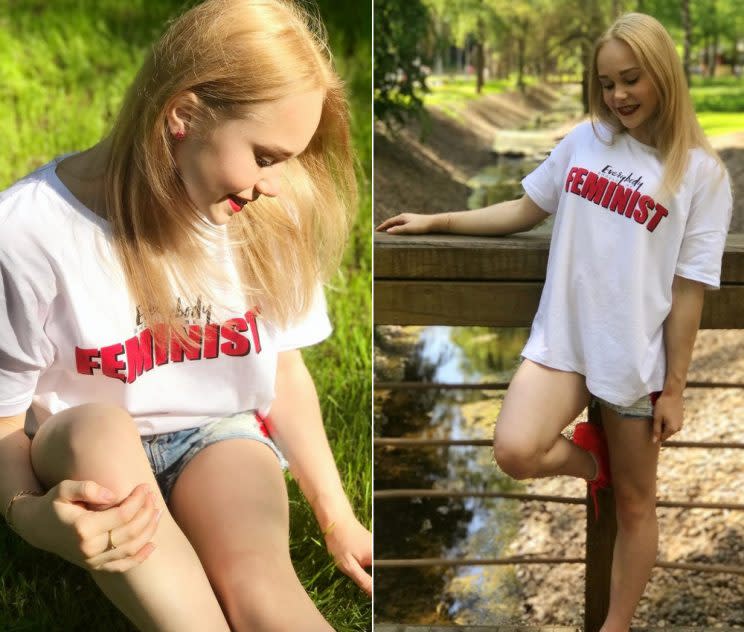 Angelina Melnikova im Feminismus-Shirt (Bilder: gelyamelnikova/Instagram)