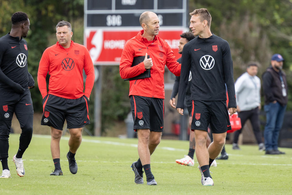 BRENTWOOD, TN - OCTOBER 09: Gregg Berhalter, Kristoffer Lund of the United States during USMNT Training at Brentwood Academy on October 9, 2023 in Brentwood, Tennessee. (Photo by John Dorton/ISI Photos/Getty Images).
