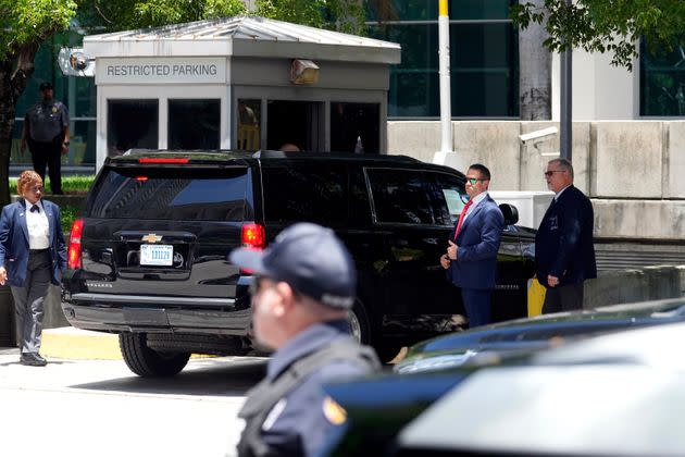 The motorcade carrying former President Donald Trump arrives at the Wilkie D. Ferguson Jr. U.S. Courthouse on June 13 in Miami. 