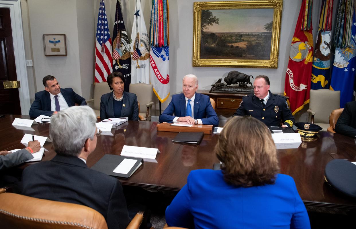 President Joe Biden speaks during a meeting about reducing gun violence with local leaders from around the country, including Washington, DC, Mayor Muriel Bowser (2nd L) and Chief Robert Tracy (R) of the Wilmington Police Department, in the Roosevelt Room of the White House in Washington, DC, July 12, 2021. (Saul Loeb/AFP via Getty Images)