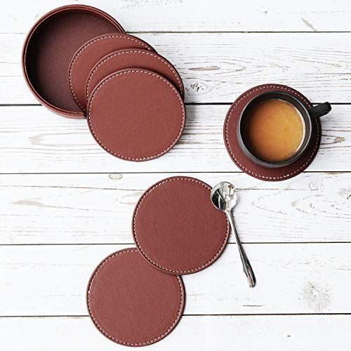 12) Coasters for Drinks with Holder | Brown Leather Drink Coaster Set of 6, Housewarming Gifts, Unique Present for Friends, Men, Women, Birthday Party, Home Apartment Kitchen Room Bar Living Room Décor