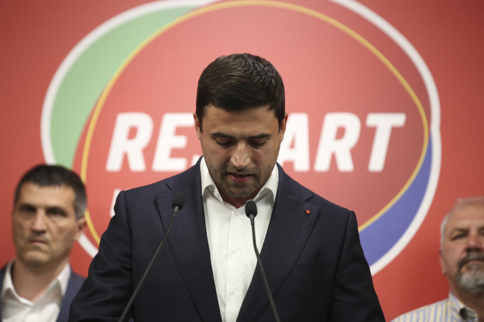 Opposition leader Davor Bernardic of the liberal-left Restart coalition addresses his supporters in Zagreb, Croatia, Sunday, July 5, 2020. The ruling conservatives overwhelmingly won Croatia's parliamentary elections held Sunday amid a spike in new coronavirus cases as the latest European Union member state leaned further to the right. SDP leader Bernardic conceded the defeat and suggested he would resign the leadership position. (AP Photo/Daniel Kasap)