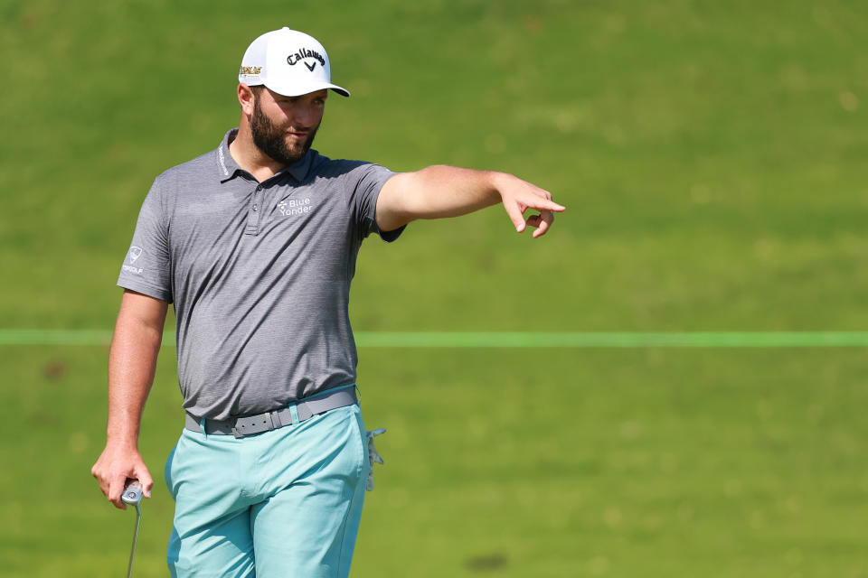 Seen here, Spain&#39;s Jon Rahm gesturing from the fourth hole during a practice round ahead of the 2022 Mexico Open. 