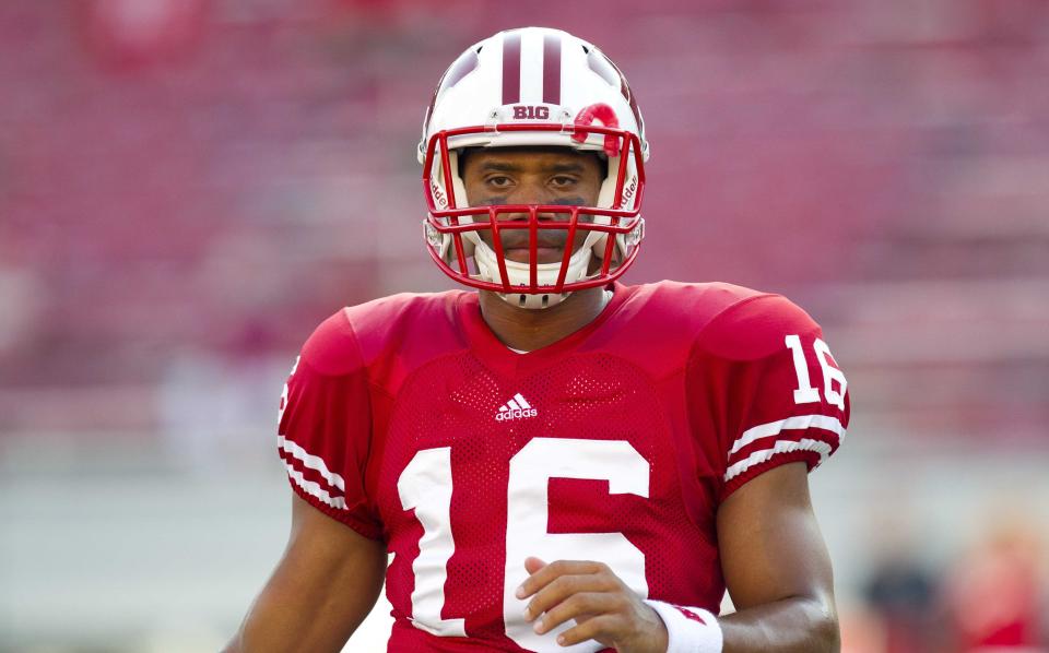 Sep 1, 2011; Madison, WI, USA; Wisconsin Badgers quarterback Russell Wilson (16) warms up prior to the game against the UNLV Rebels at Camp Randall Stadium. The Badgers defeated the Rebels 51-17. Mandatory Credit: Jeff Hanisch-USA TODAY Sports