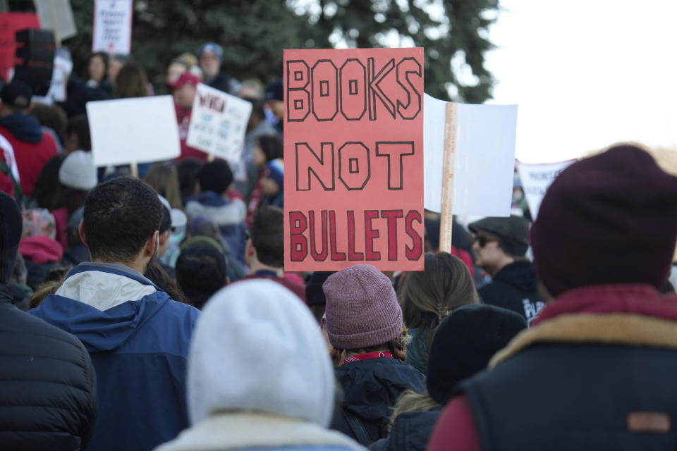 Students and parents from schools across Colorado take part in a rally calling for state lawmakers to consider gun control measures during the current legislative session Friday, March 24, 2023, outside the State Capitol in Denver. (AP Photo/David Zalubowski)