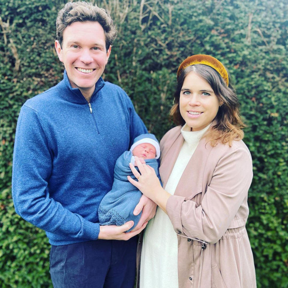 Princess Eugenie and her husband, Jack Brooksbank pose with their newborn son, August. Photo: Instagram/princesseugenie.