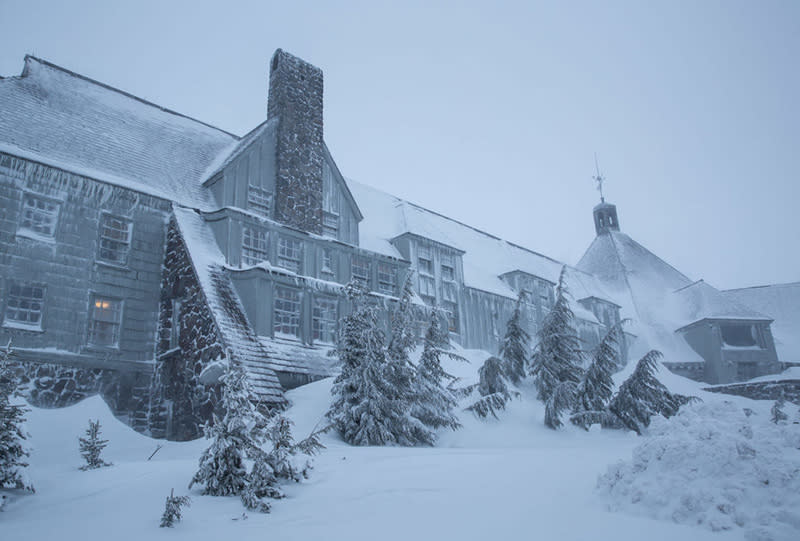 An unusual spring blizzard envelopes Mt. Hood’s Timberline Lodge in April 2019. The exterior of the historic Timberline Lodge became the fictional Overlook Hotel in Stanley Kubrick’s “The Shining.” (George Rose/Getty Images)