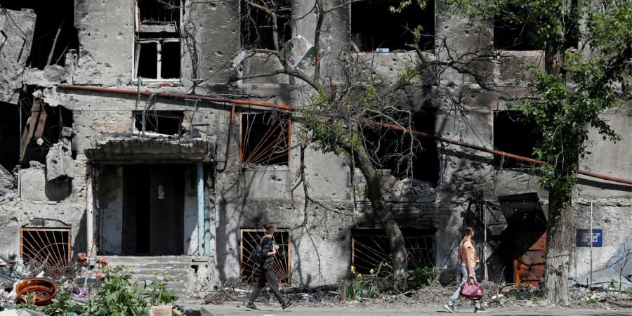 A ruined house in Mariupol