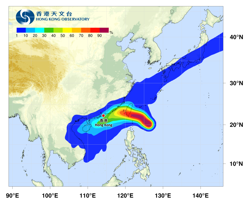 熱帶氣旋路徑概率預報，2023 年 10 月 3 日 更新。預報圖顯示，小犬較大機會先登陸台灣，再趨向南海北部和廣東沿岸。