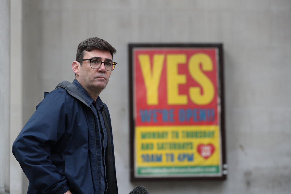 MANCHESTER, ENGLAND - OCTOBER 15: Greater Manchester mayor Andy Burnham speaks to the media outside the Central Library on October 15, 2020 in Manchester, England. The Mayor of Manchester Andy Burnham said Greater Manchester leaders have "unanimously rejected" the city going into a Tier 3 lockdown without an 80% guaranteed income support for those affected. (Photo by Martin Rickett - Pool/Getty Images)