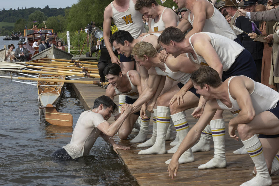 This image released by MGM Pictures shows a scene from "The Boys in the Boat." (Laurie Sparham/Metro-Goldwyn-Mayer Pictures via AP)