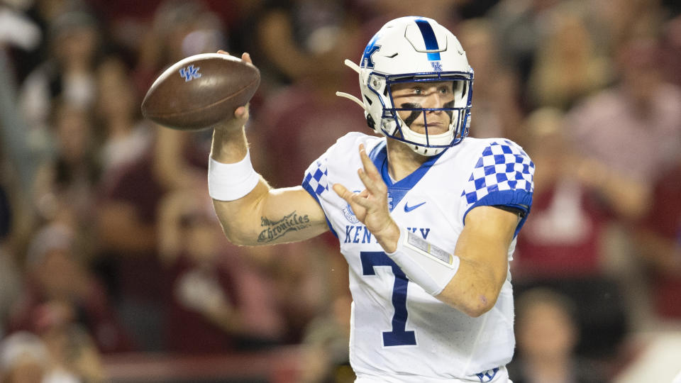 Kentucky quarterback Will Levis attempts to pass in the first half of an NCAA college football game against South Carolina, Saturday, Sept. 25, 2021, at Williams-Brice Stadium in Columbia, S.C. (AP Photo/Hakim Wright Sr.)