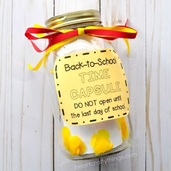 <p>All you need is a mason jar, ribbon, and a small piece of paper to make this capsule. Then, have your students write a note to themselves and put it in the jar to open up on the last day of school.</p><p>Get the <strong><a href="https://iheartcraftythings.com/diy-back-to-school-time-capsule.html" rel="nofollow noopener" target="_blank" data-ylk="slk:Back-to-School Time Capsule tutorial;elm:context_link;itc:0;sec:content-canvas" class="link ">Back-to-School Time Capsule tutorial</a> </strong>at I Heart Crafty Things.</p><p><a class="link " href="https://www.amazon.com/Ball-Jar-Pint-Regular-Mouth/dp/B01NBMPHYV/?tag=syn-yahoo-20&ascsubtag=%5Bartid%7C10070.g.3123%5Bsrc%7Cyahoo-us" rel="nofollow noopener" target="_blank" data-ylk="slk:SHOP MASON JARS;elm:context_link;itc:0;sec:content-canvas">SHOP MASON JARS</a> </p>