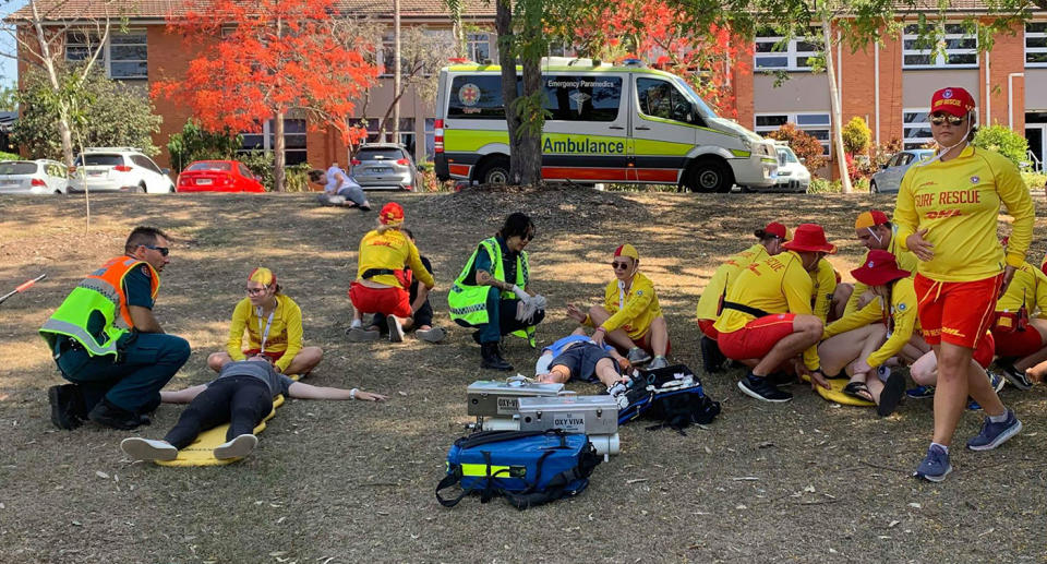 Surf Life Saving and QAS training outside together in November, 2019.