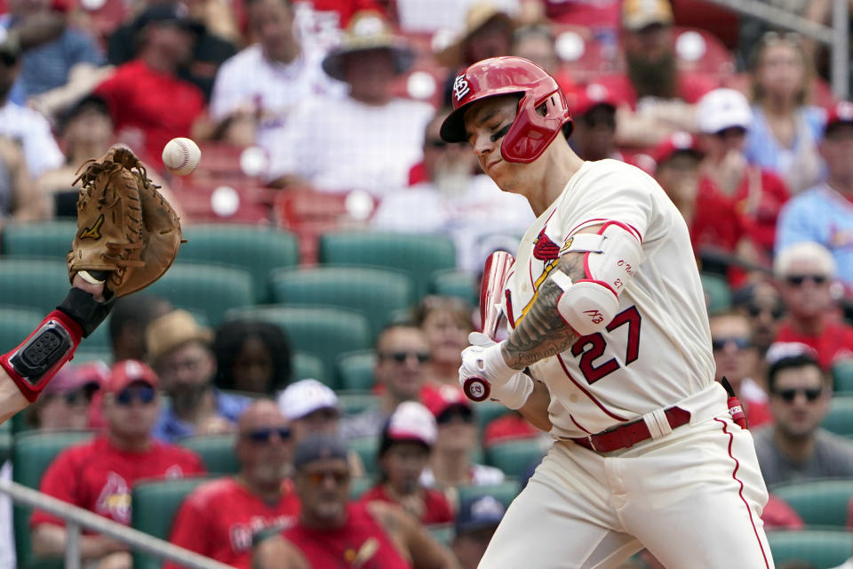 St. Louis Cardinals' Tyler O'Neill takes ball four high and inside during the fourth inning of a baseball game against the Cincinnati Reds Saturday, June 11, 2022, in St. Louis. (AP Photo/Jeff Roberson)
